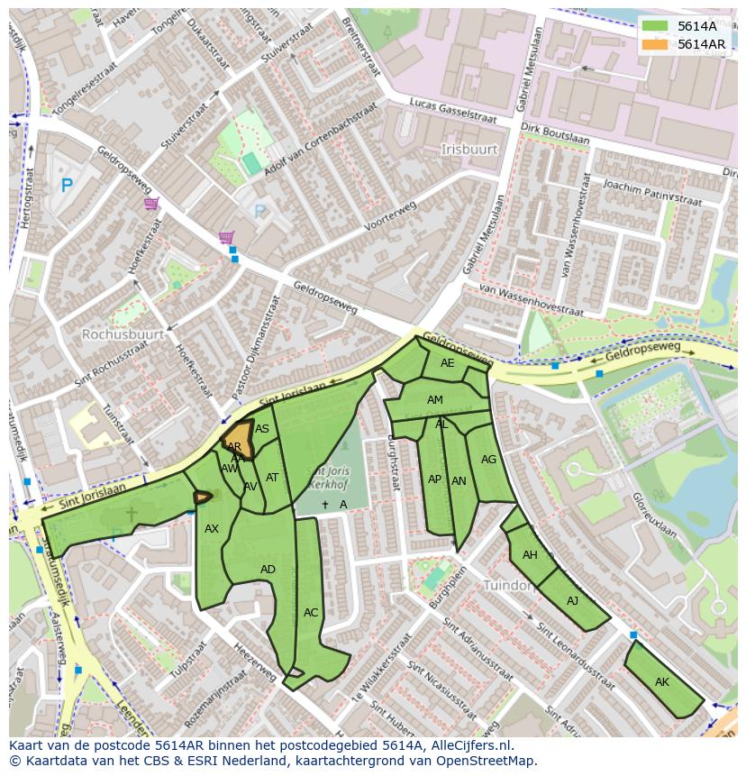 Afbeelding van het postcodegebied 5614 AR op de kaart.