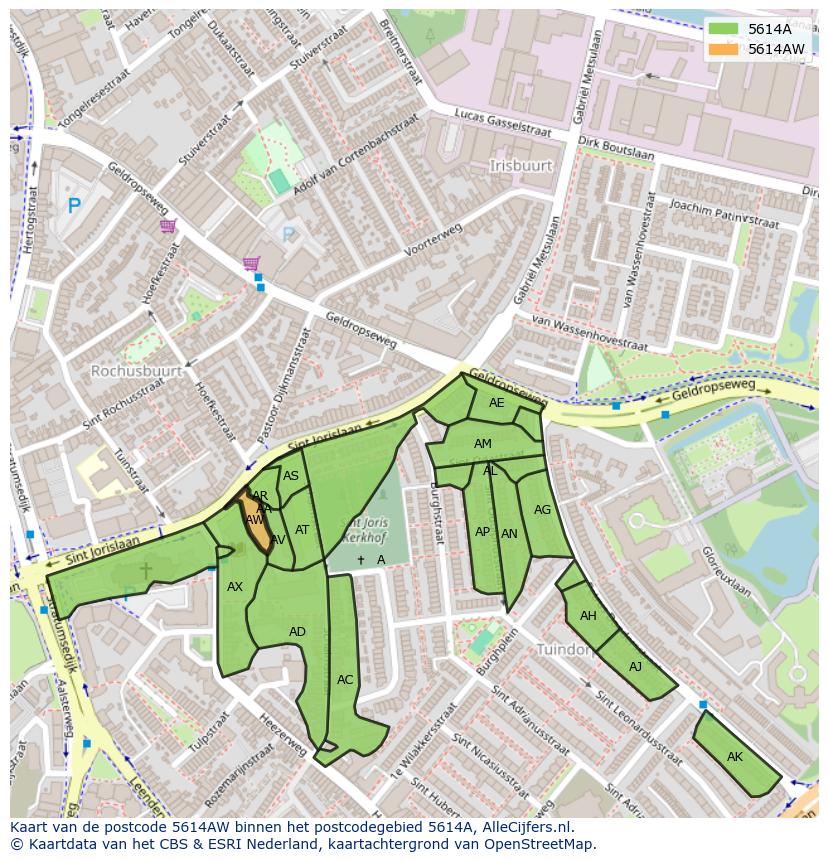 Afbeelding van het postcodegebied 5614 AW op de kaart.