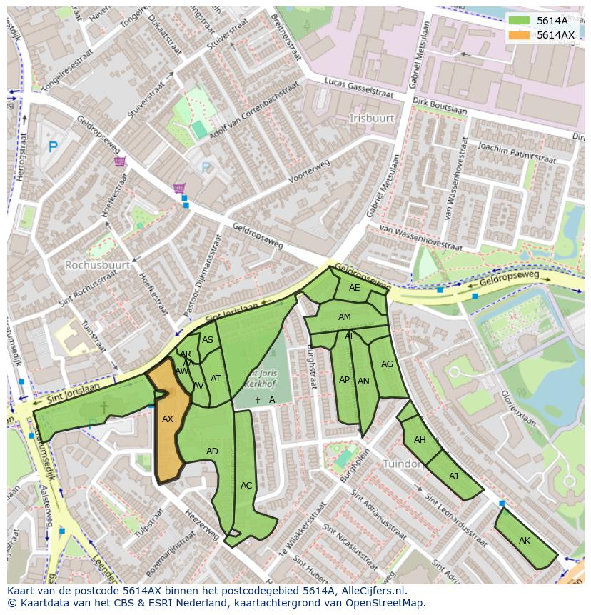 Afbeelding van het postcodegebied 5614 AX op de kaart.