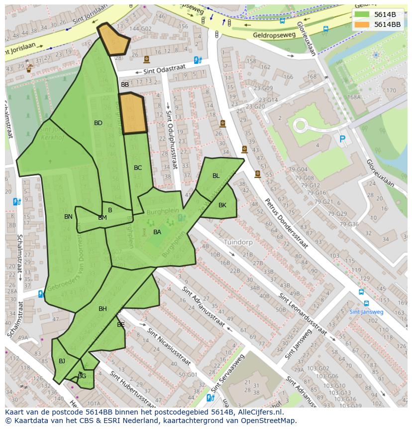 Afbeelding van het postcodegebied 5614 BB op de kaart.
