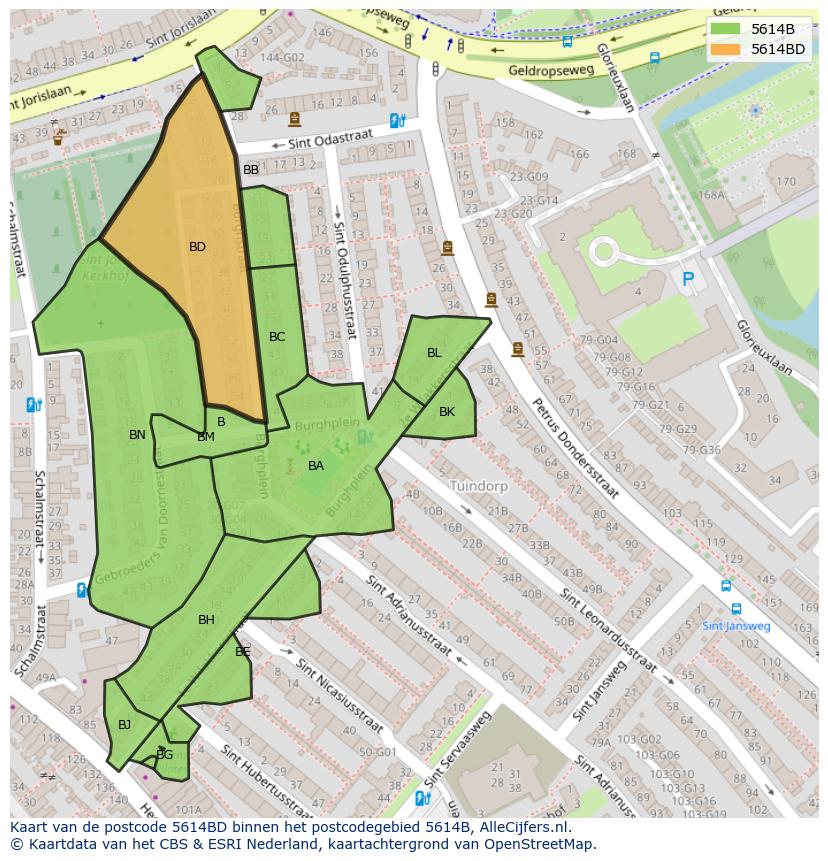 Afbeelding van het postcodegebied 5614 BD op de kaart.