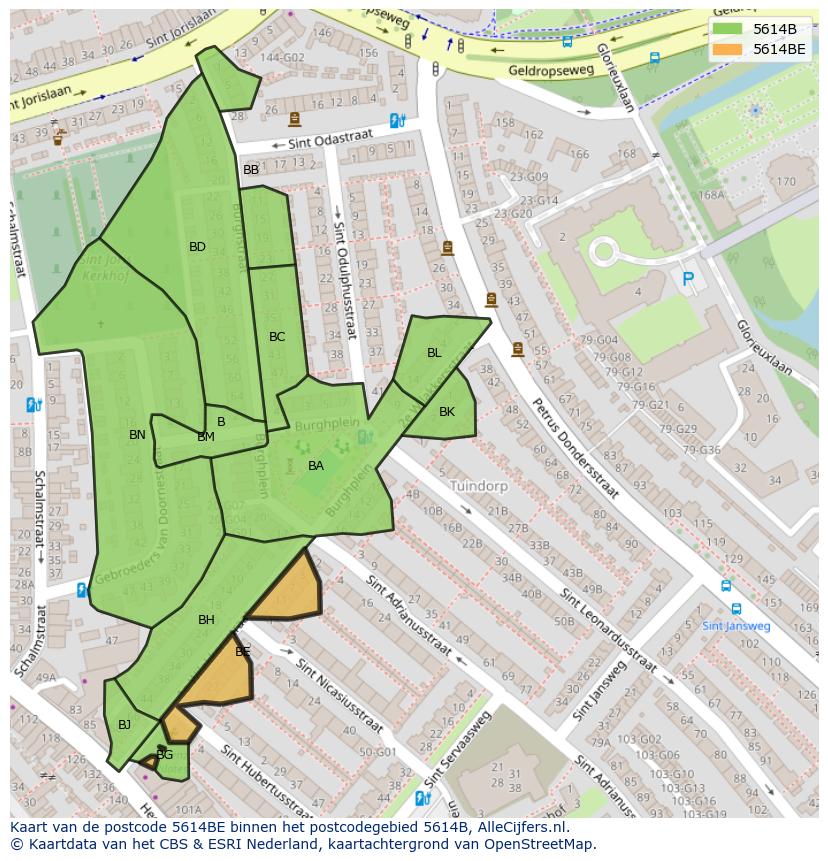 Afbeelding van het postcodegebied 5614 BE op de kaart.