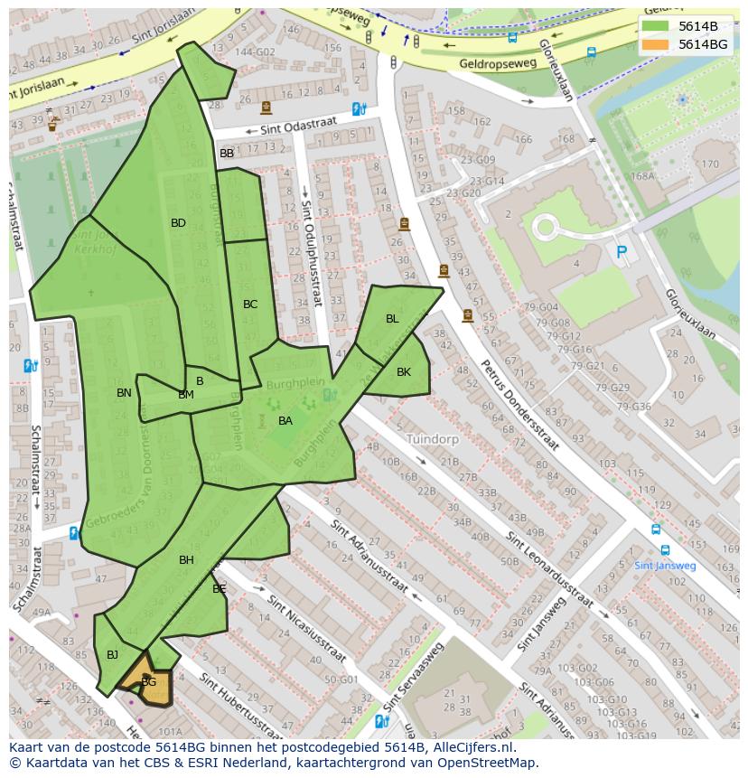 Afbeelding van het postcodegebied 5614 BG op de kaart.