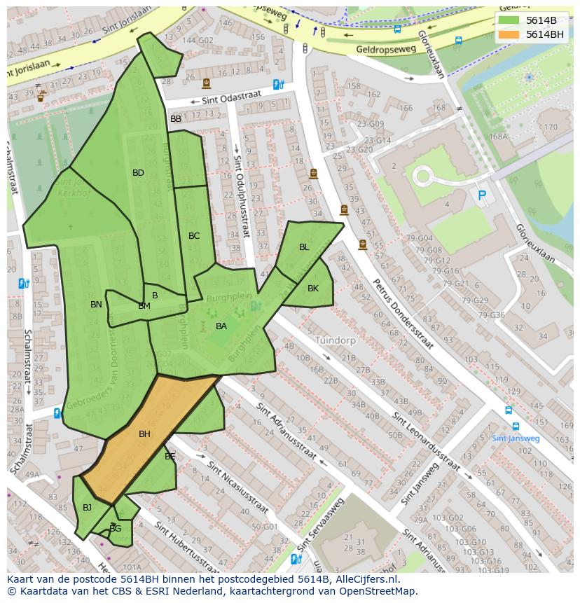 Afbeelding van het postcodegebied 5614 BH op de kaart.