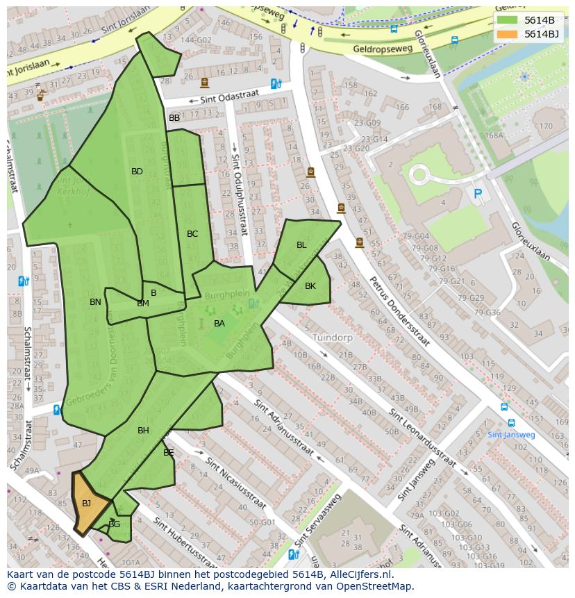 Afbeelding van het postcodegebied 5614 BJ op de kaart.