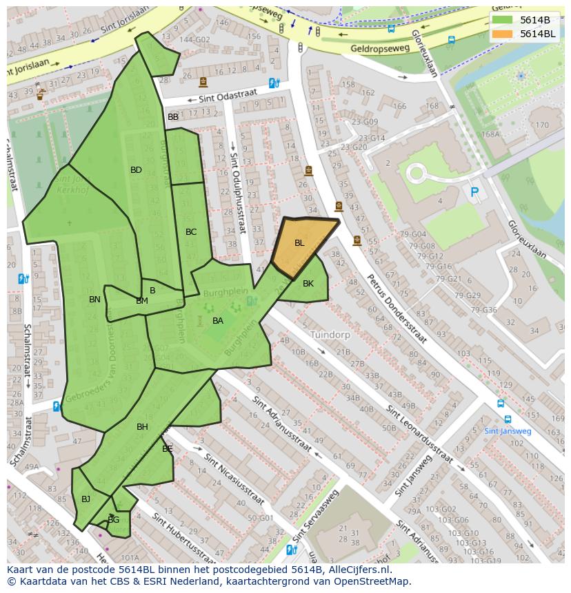 Afbeelding van het postcodegebied 5614 BL op de kaart.