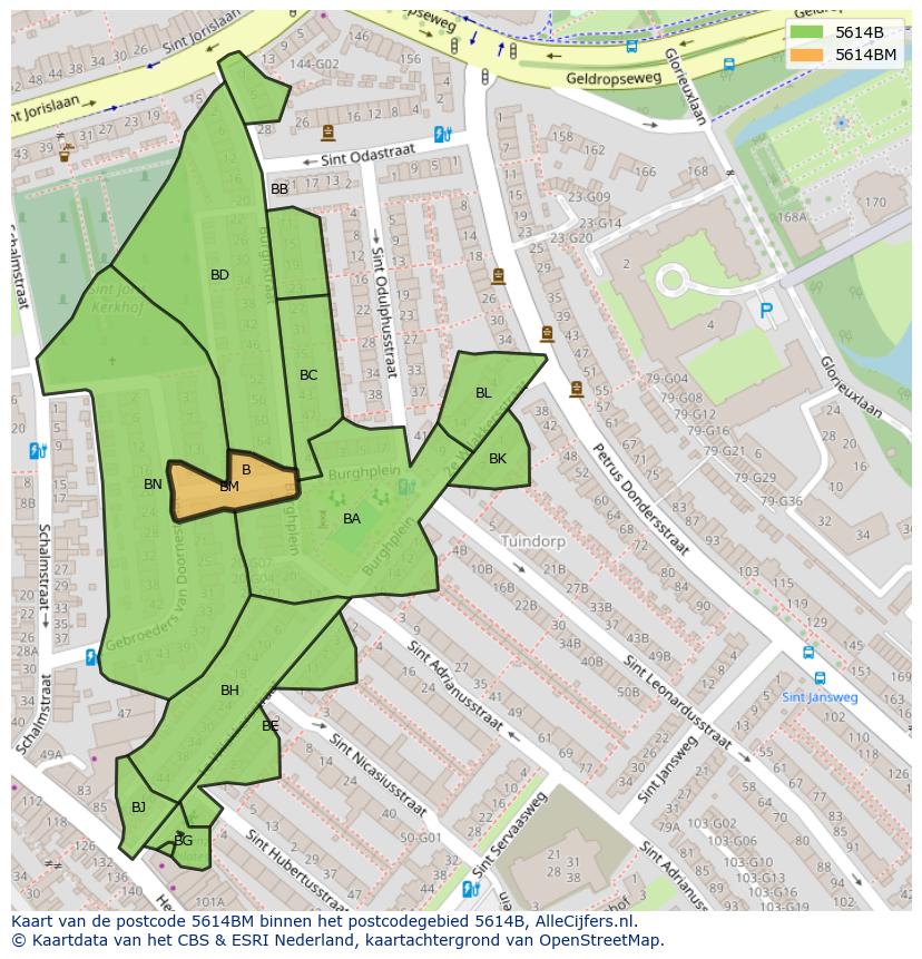Afbeelding van het postcodegebied 5614 BM op de kaart.