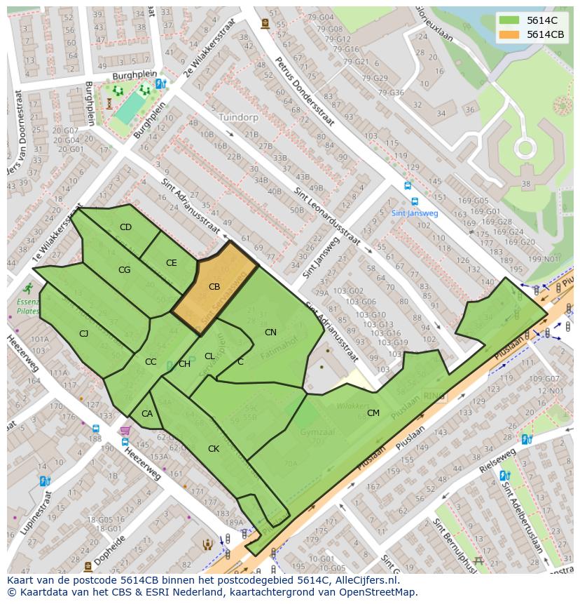 Afbeelding van het postcodegebied 5614 CB op de kaart.
