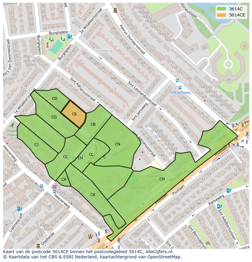 Afbeelding van het postcodegebied 5614 CE op de kaart.
