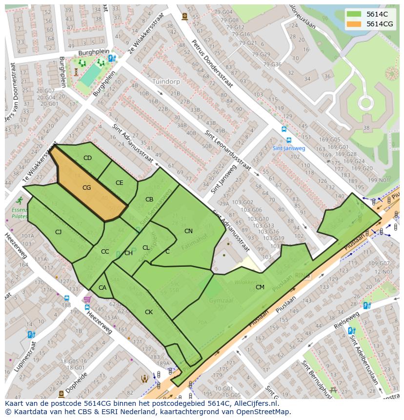 Afbeelding van het postcodegebied 5614 CG op de kaart.