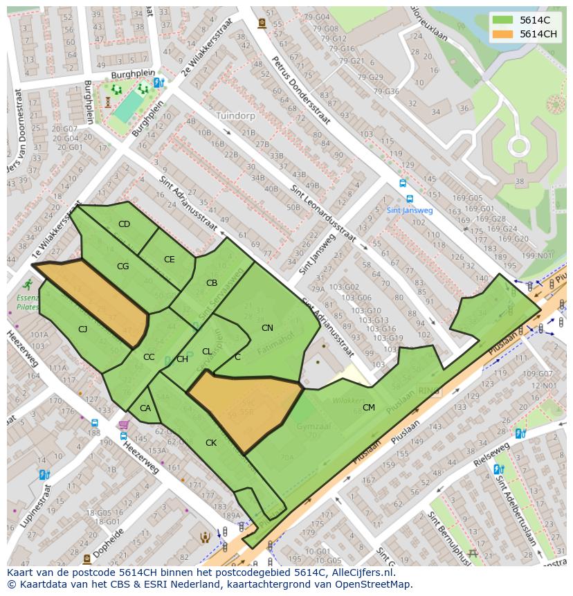 Afbeelding van het postcodegebied 5614 CH op de kaart.