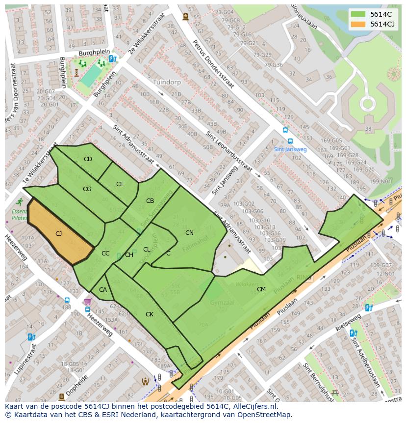 Afbeelding van het postcodegebied 5614 CJ op de kaart.