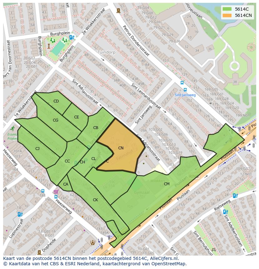Afbeelding van het postcodegebied 5614 CN op de kaart.