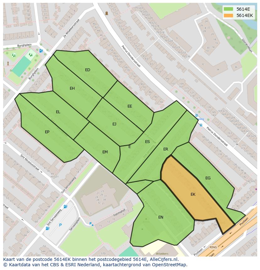 Afbeelding van het postcodegebied 5614 EK op de kaart.