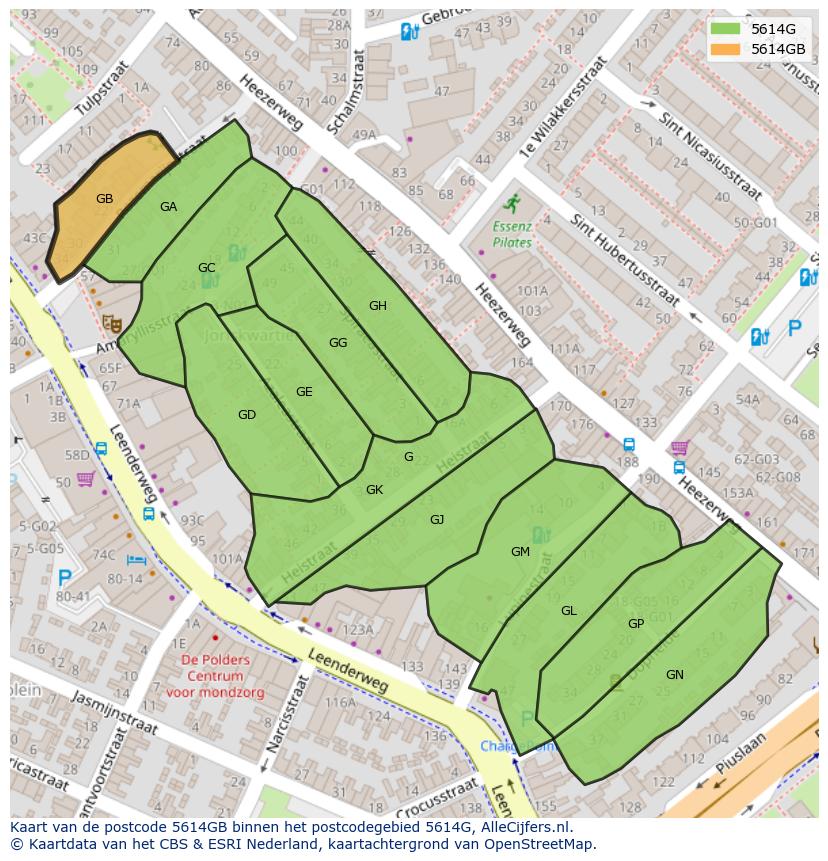 Afbeelding van het postcodegebied 5614 GB op de kaart.