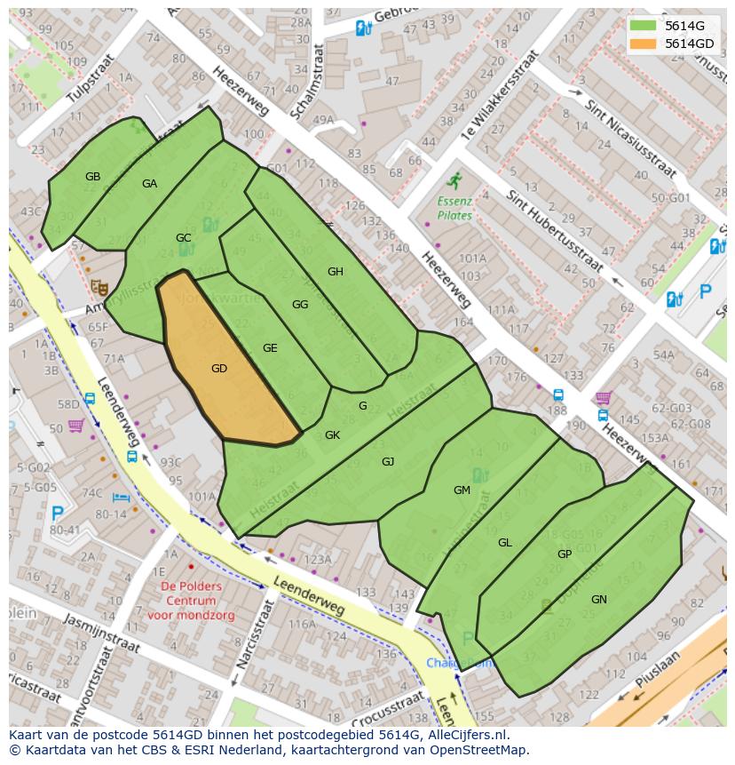 Afbeelding van het postcodegebied 5614 GD op de kaart.