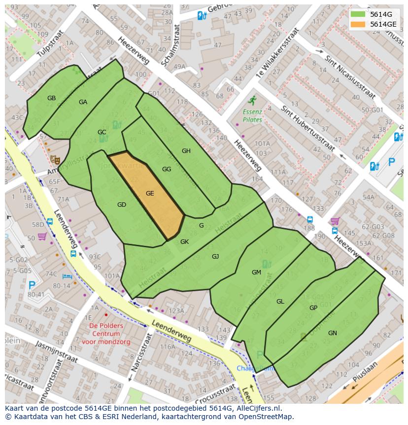 Afbeelding van het postcodegebied 5614 GE op de kaart.