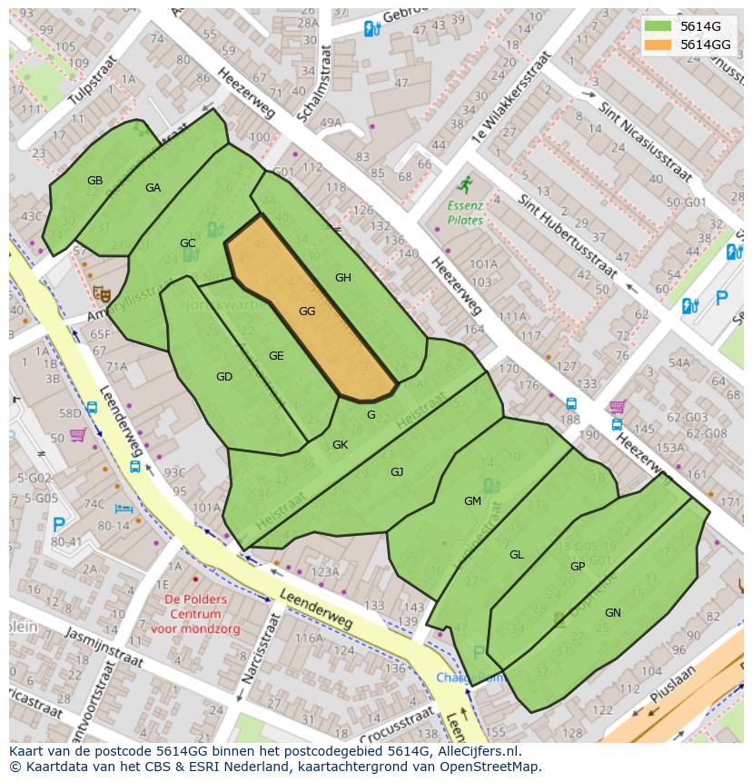 Afbeelding van het postcodegebied 5614 GG op de kaart.