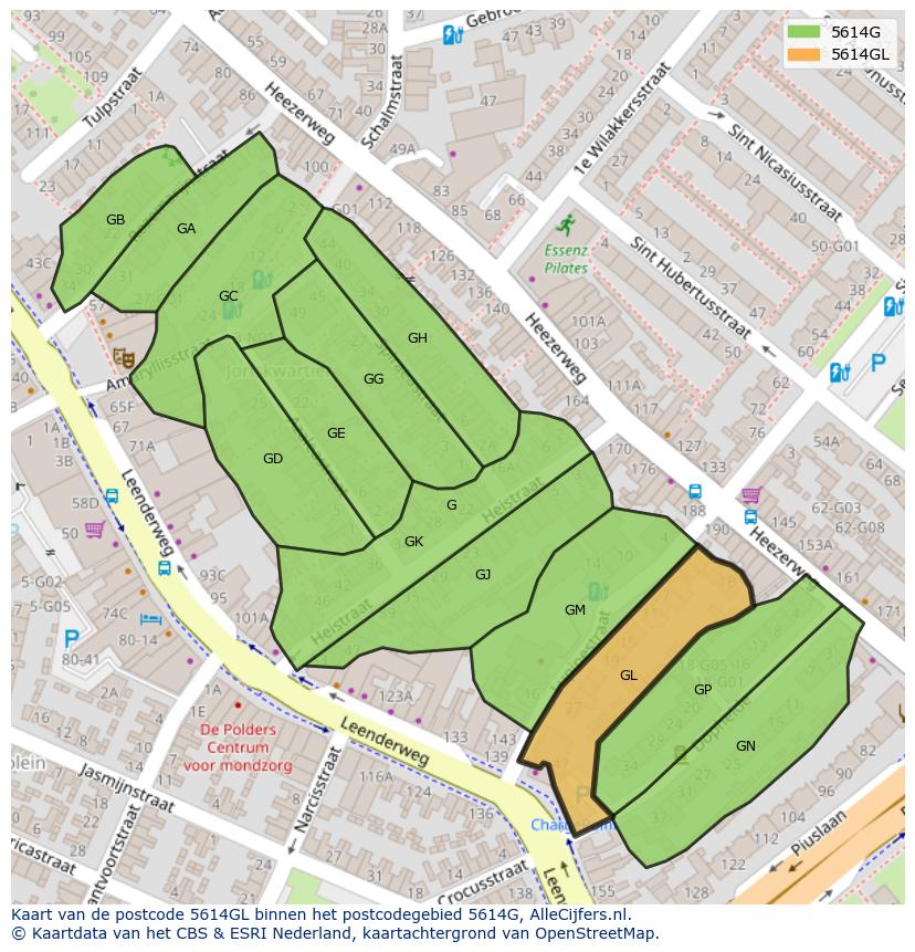 Afbeelding van het postcodegebied 5614 GL op de kaart.