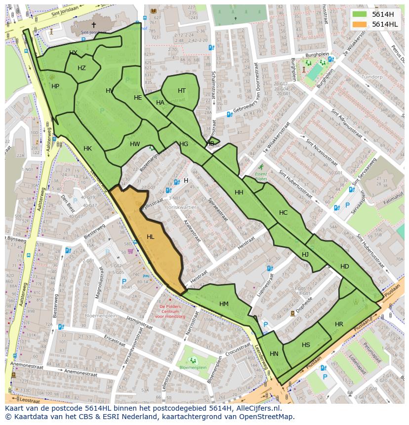 Afbeelding van het postcodegebied 5614 HL op de kaart.