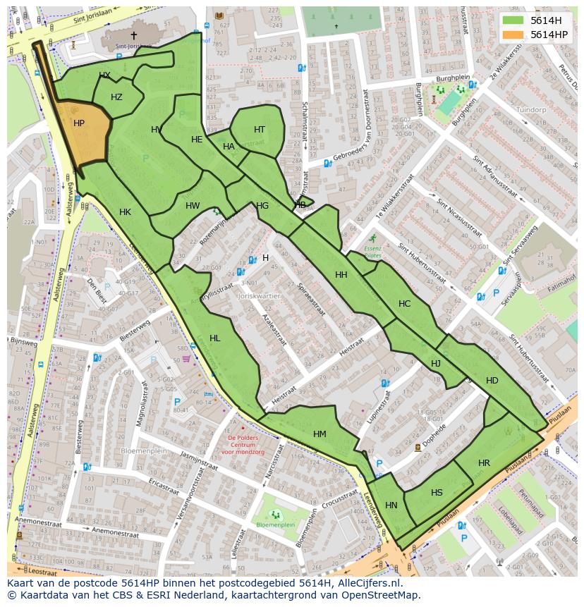 Afbeelding van het postcodegebied 5614 HP op de kaart.