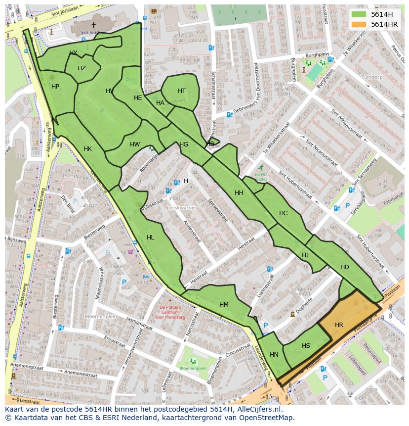 Afbeelding van het postcodegebied 5614 HR op de kaart.