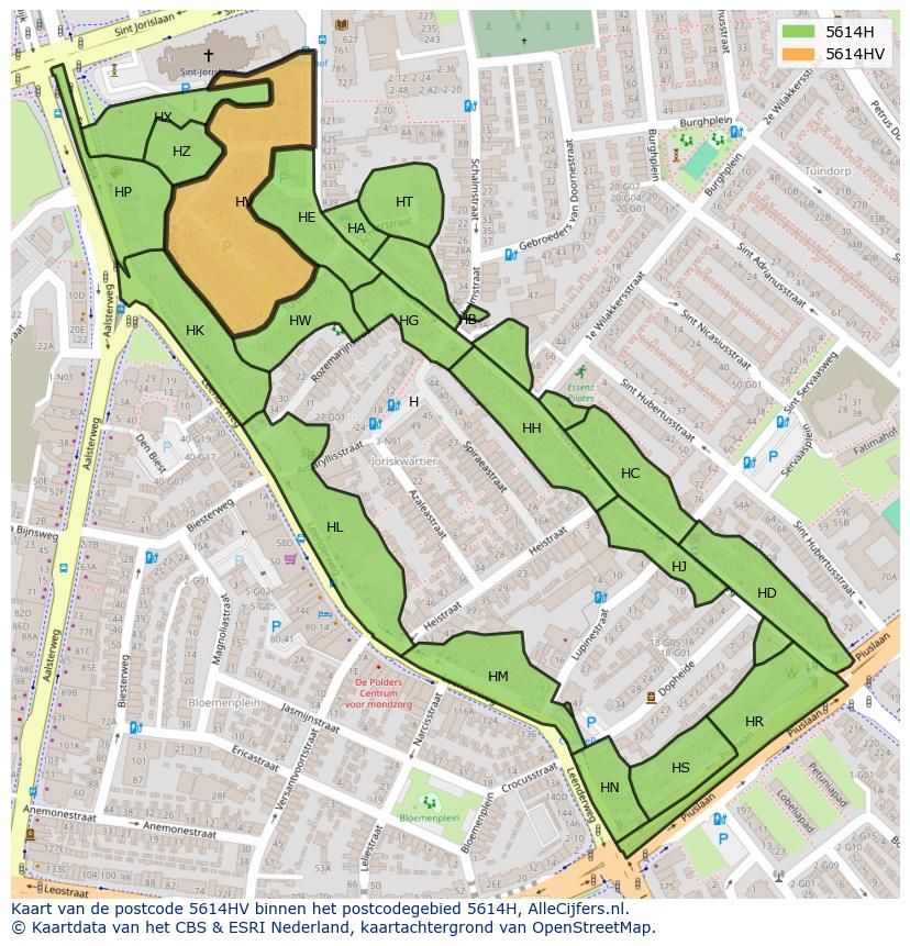 Afbeelding van het postcodegebied 5614 HV op de kaart.