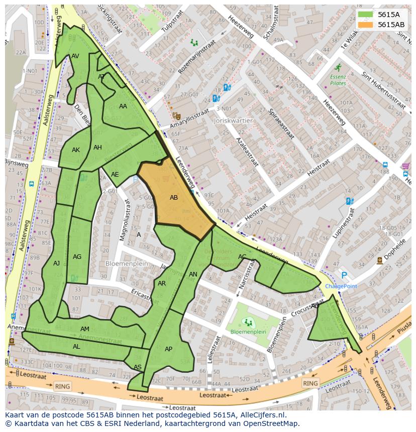 Afbeelding van het postcodegebied 5615 AB op de kaart.