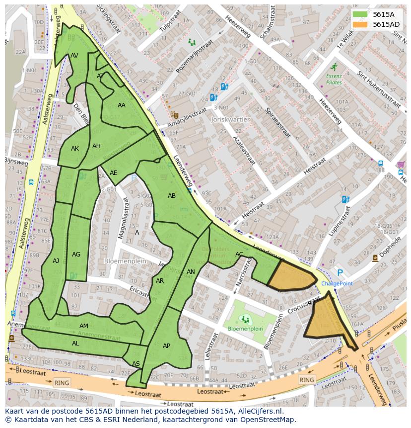 Afbeelding van het postcodegebied 5615 AD op de kaart.