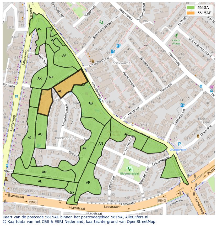 Afbeelding van het postcodegebied 5615 AE op de kaart.