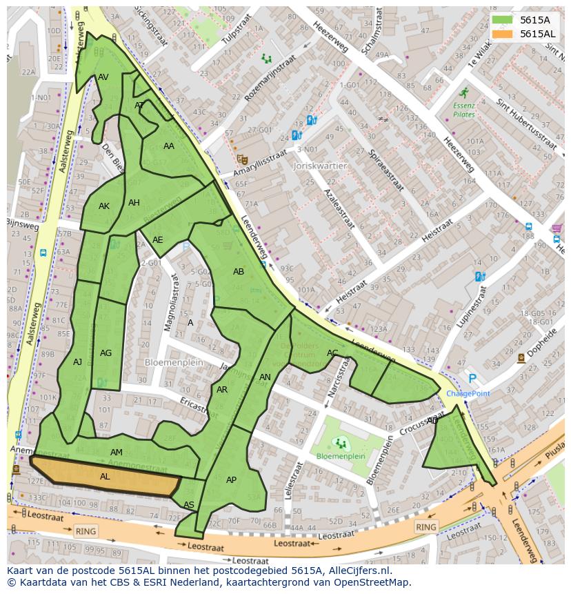 Afbeelding van het postcodegebied 5615 AL op de kaart.