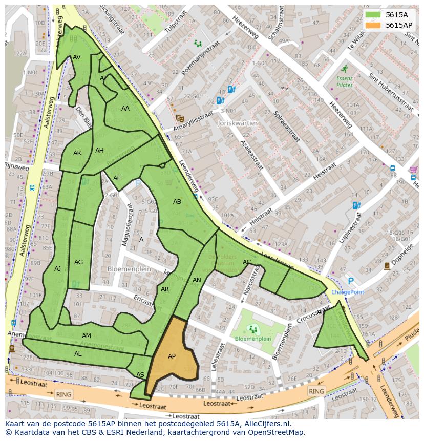 Afbeelding van het postcodegebied 5615 AP op de kaart.