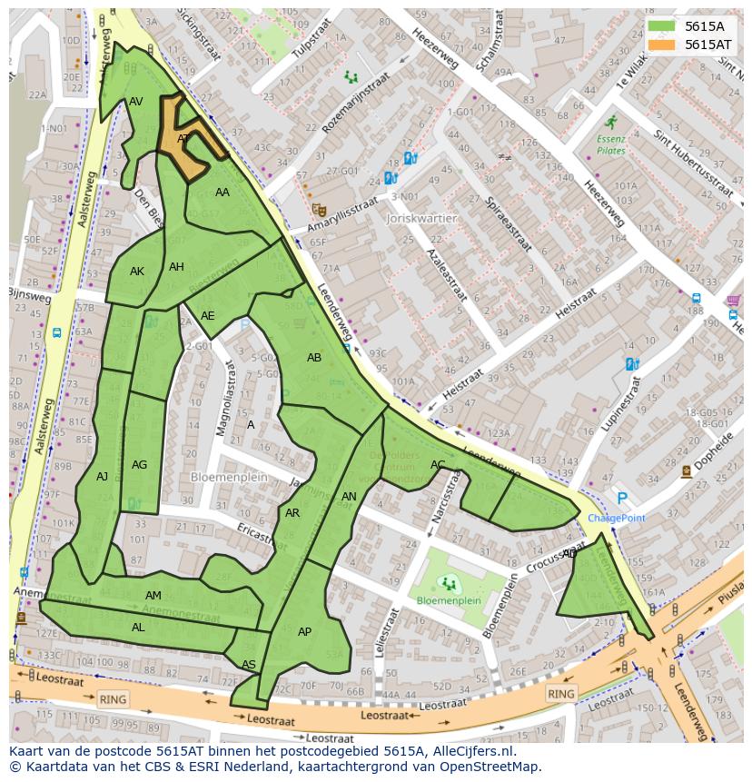 Afbeelding van het postcodegebied 5615 AT op de kaart.