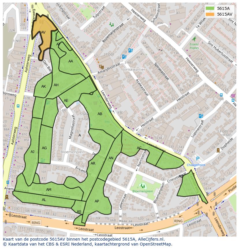 Afbeelding van het postcodegebied 5615 AV op de kaart.