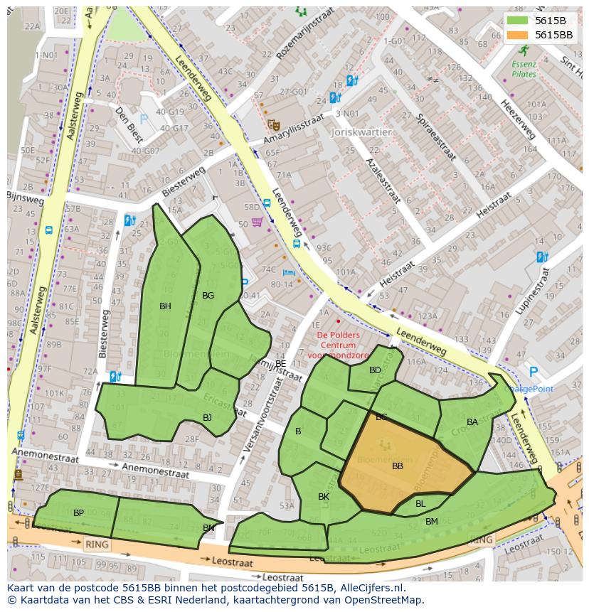 Afbeelding van het postcodegebied 5615 BB op de kaart.