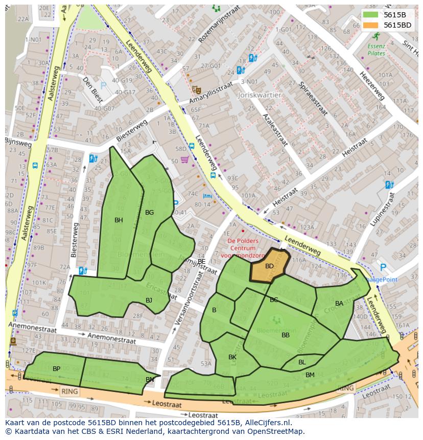 Afbeelding van het postcodegebied 5615 BD op de kaart.
