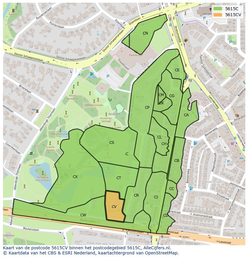 Afbeelding van het postcodegebied 5615 CV op de kaart.