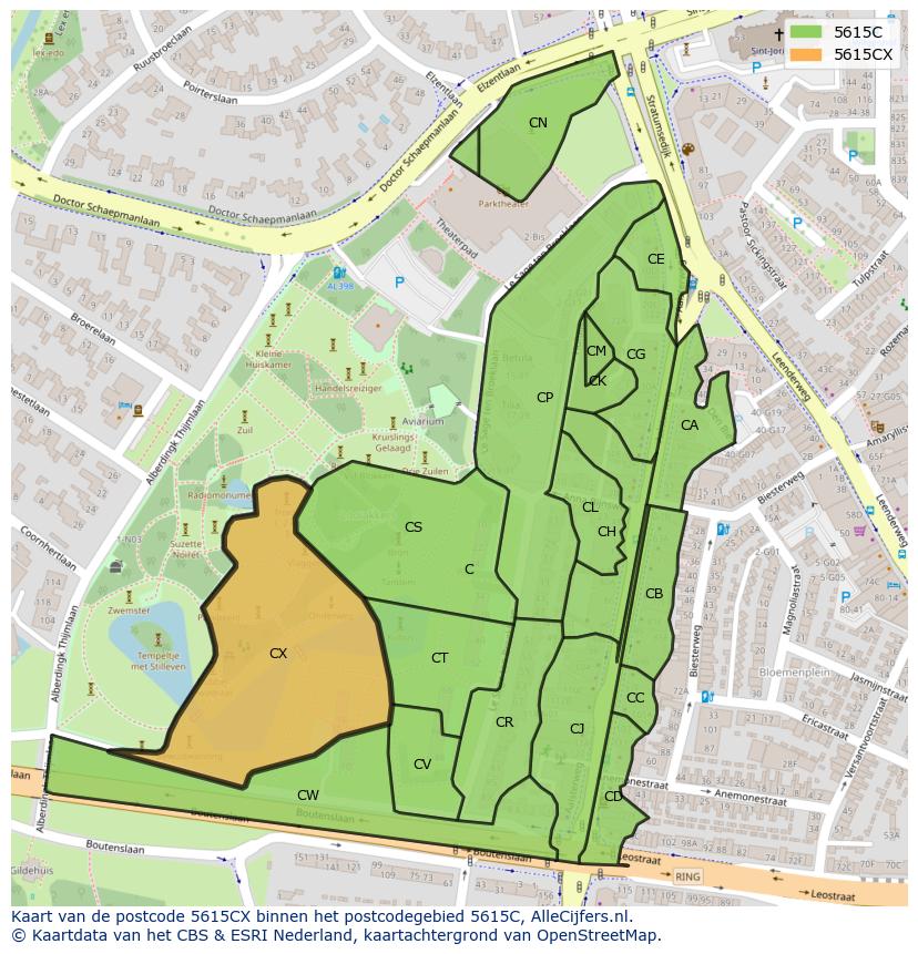 Afbeelding van het postcodegebied 5615 CX op de kaart.