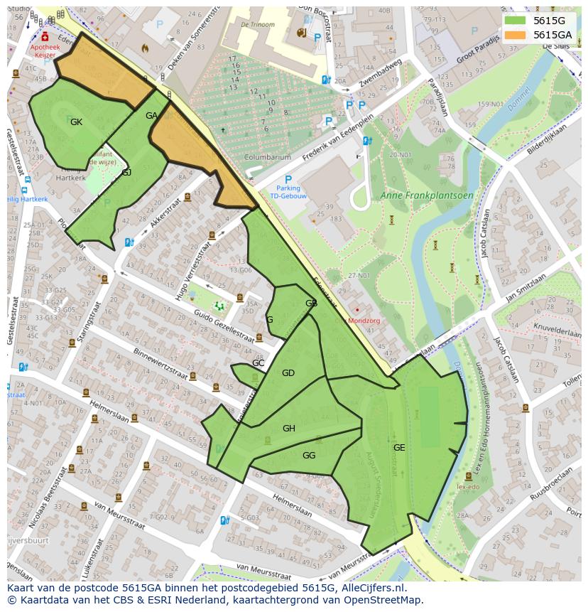 Afbeelding van het postcodegebied 5615 GA op de kaart.