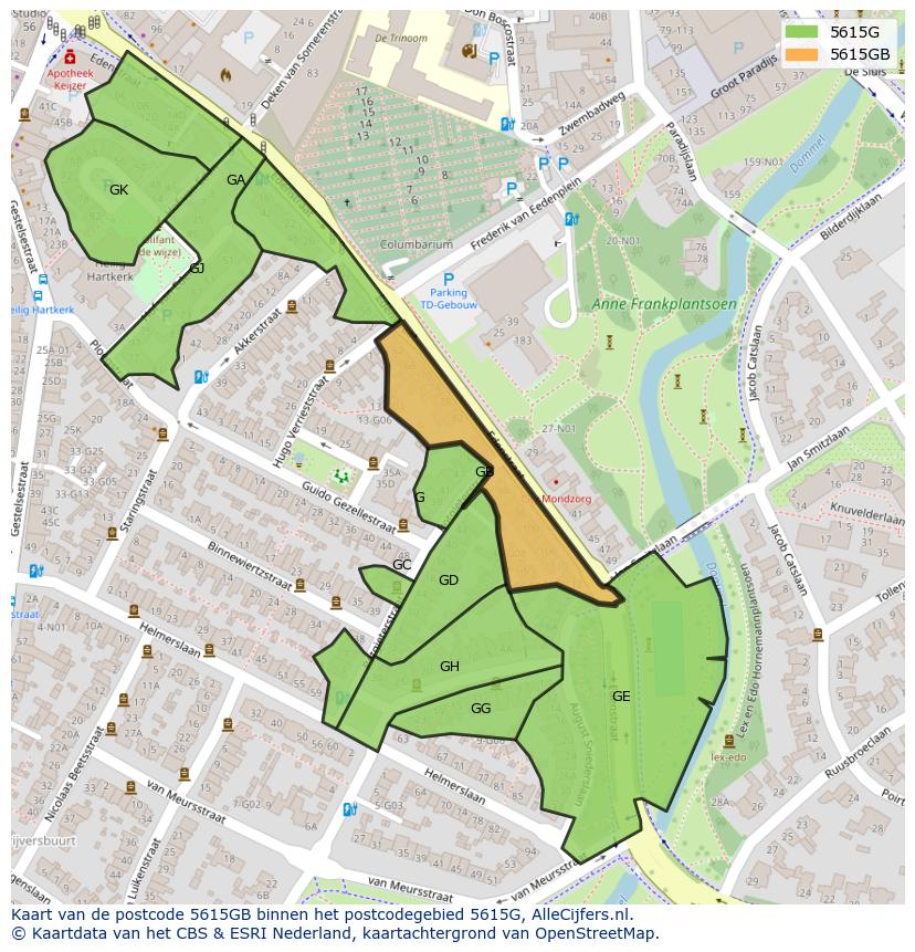 Afbeelding van het postcodegebied 5615 GB op de kaart.