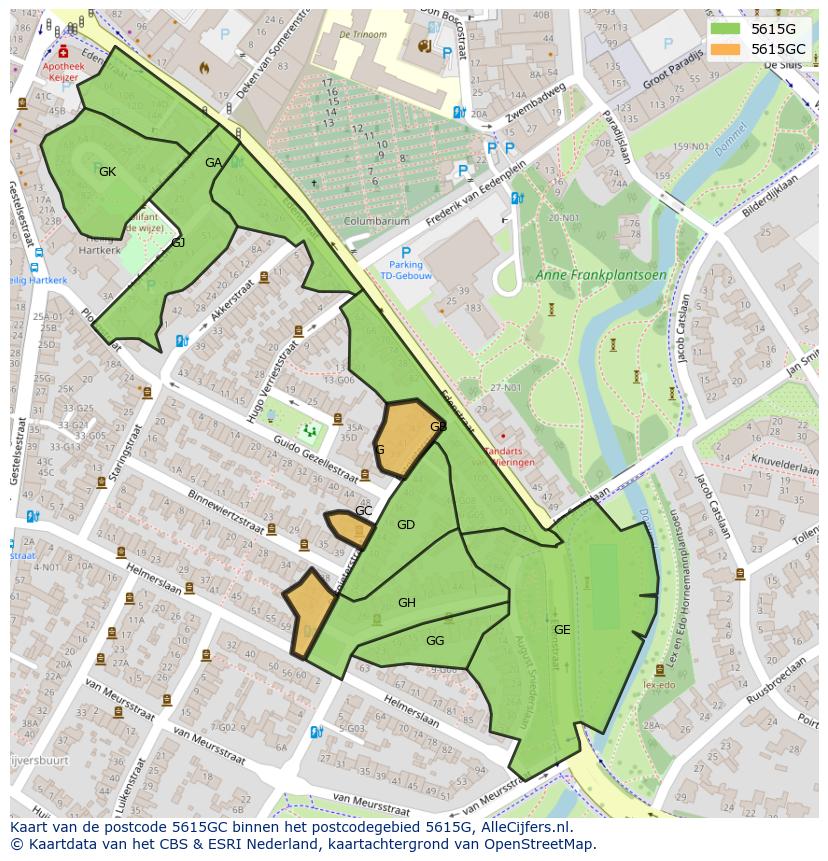 Afbeelding van het postcodegebied 5615 GC op de kaart.