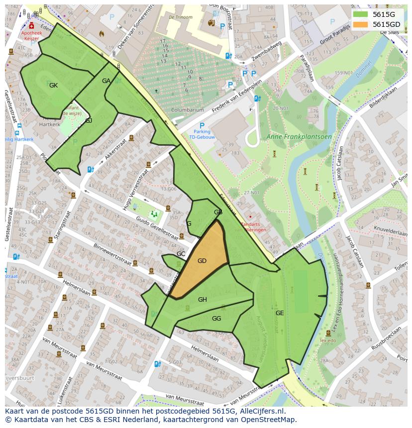 Afbeelding van het postcodegebied 5615 GD op de kaart.
