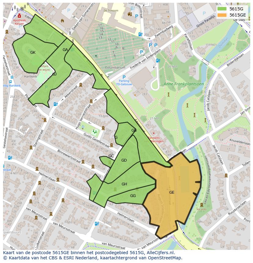 Afbeelding van het postcodegebied 5615 GE op de kaart.