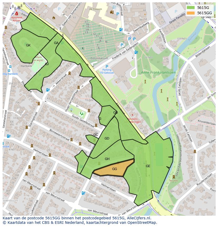 Afbeelding van het postcodegebied 5615 GG op de kaart.