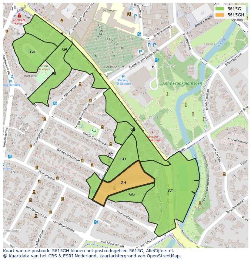 Afbeelding van het postcodegebied 5615 GH op de kaart.