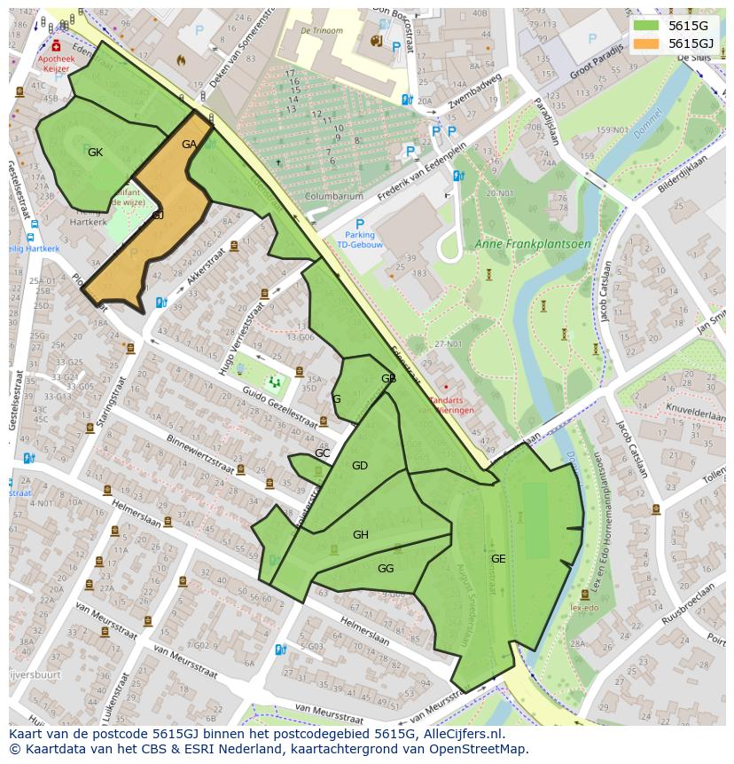 Afbeelding van het postcodegebied 5615 GJ op de kaart.