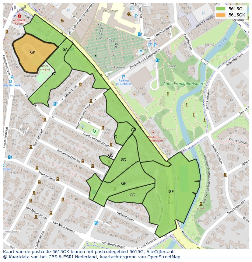 Afbeelding van het postcodegebied 5615 GK op de kaart.