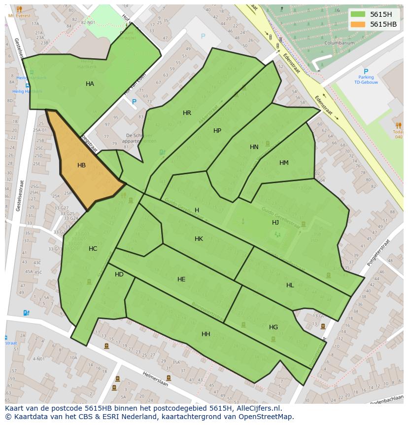Afbeelding van het postcodegebied 5615 HB op de kaart.
