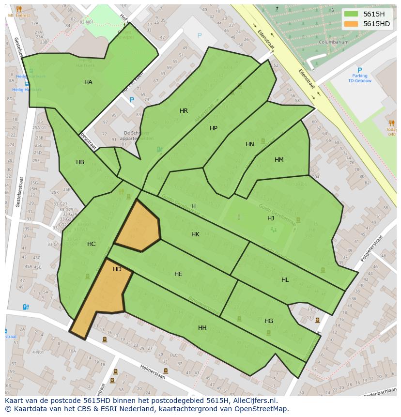 Afbeelding van het postcodegebied 5615 HD op de kaart.