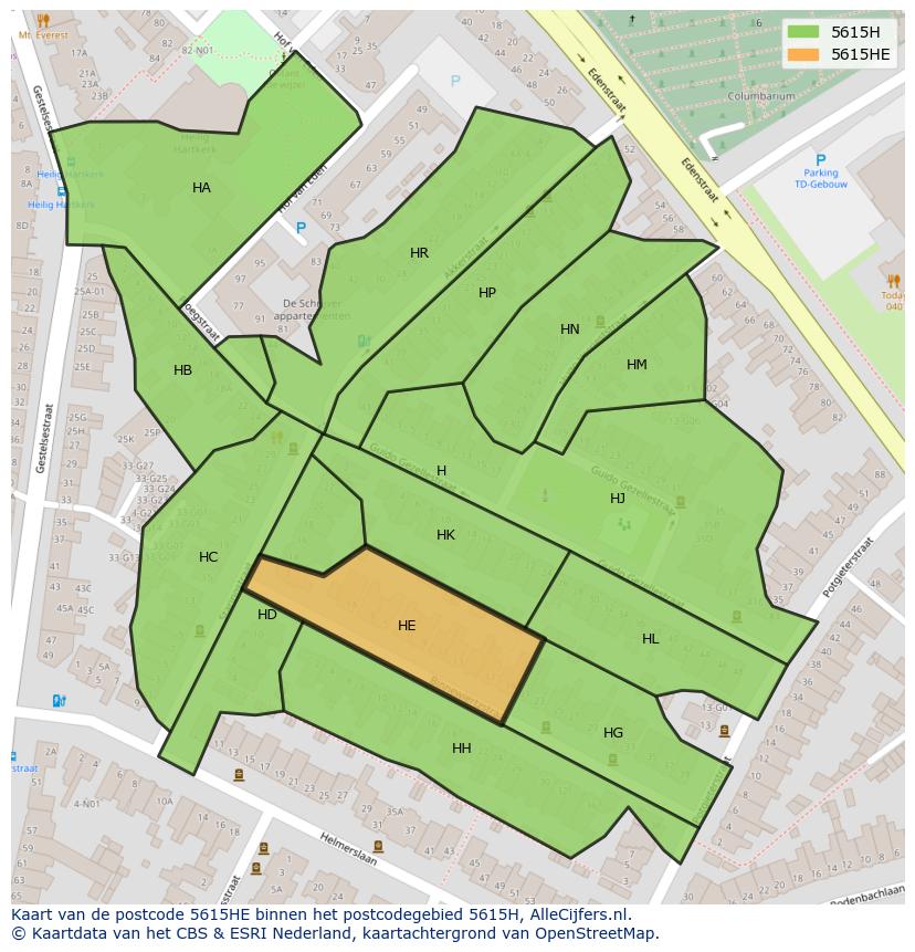 Afbeelding van het postcodegebied 5615 HE op de kaart.